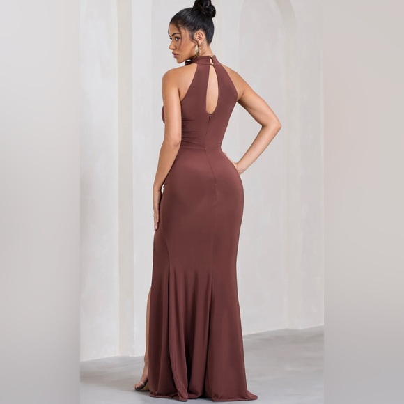 Club L London Chocolate Brown Ruched halter-neck split maxi dress w/ flower - Picture 3 of 5